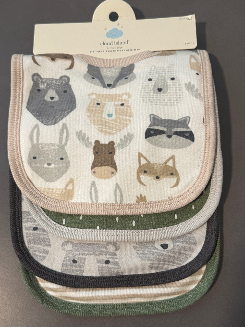 Cloud Island Neutral Woodland Animals Bib Set - Cream, Gray, Green, Tan NWT